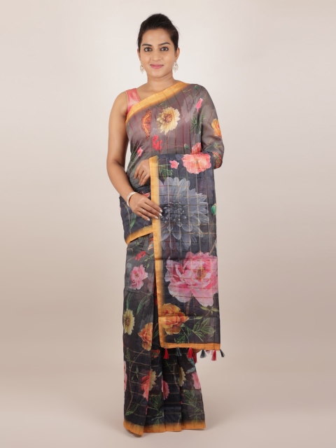 

Pothys Grey Printed Jute Silk Saree