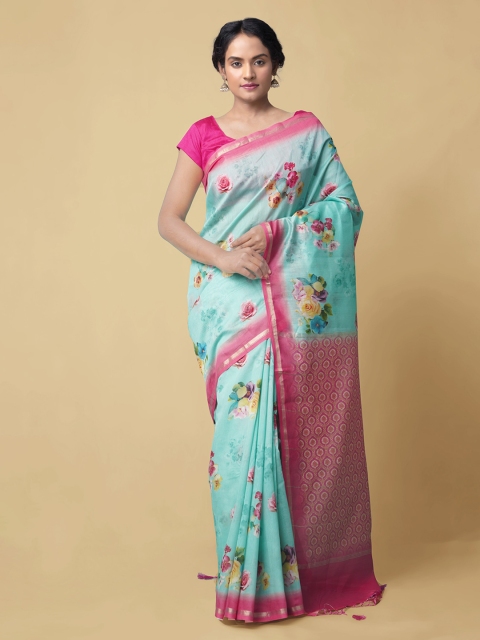 

Unnati Silks Blue Floral Printed Chanderi Saree