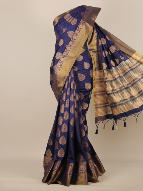 Pothys Navy Blue & Gold-Toned Jute Silk Printed Saree