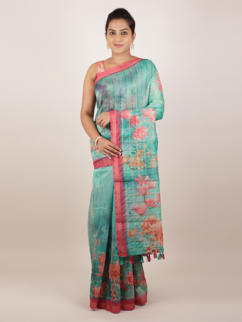 

Pothys Sea Green & Pink Jute Silk Printed Saree