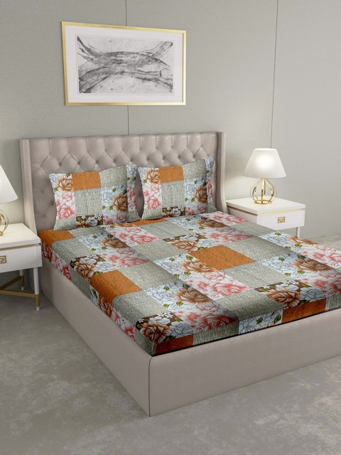 

BELLA CASA Grey & Orange Floral 124 TC Cotton 1 King Bedsheet with 2 Pillow Covers