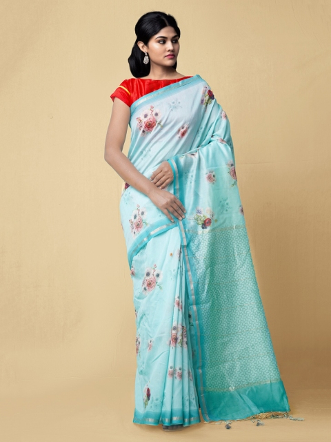 

Unnati Silks Blue Silk Cotton Printed Chanderi Saree