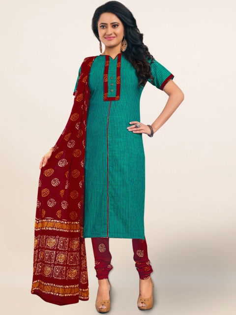

Pothys Teal Green & Maroon Cotton Blend Unstitched Dress Material