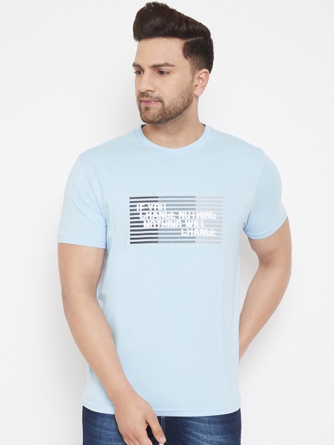 

98 Degree North Men Turquoise Blue & White Printed Round Neck T-shirt