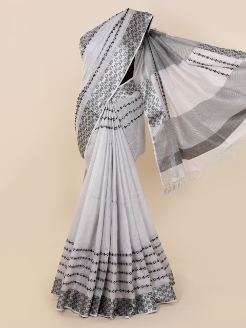 

Pothys Silver-Toned & White Linen Blend Printed Saree