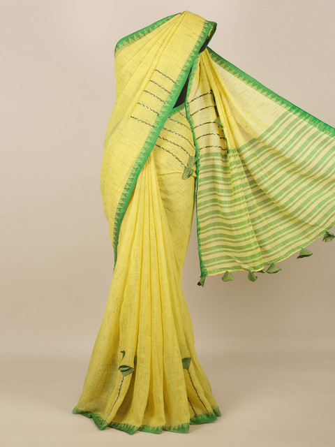 

Pothys Yellow Printed Linen Blend Saree