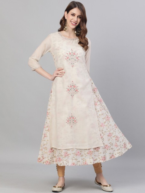 

Ishin Women Off White Floral Embroidered Thread Work Chanderi Silk Kurta