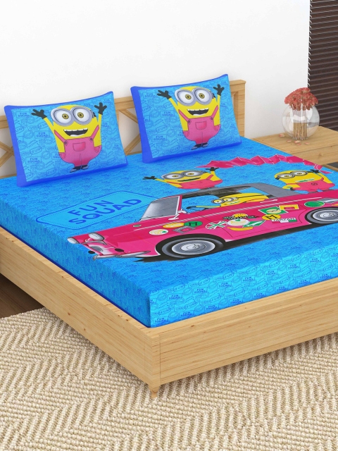 

METRO LIVING Blue & Pink Cartoon Characters 104 TC Cotton 1 Queen Bedsheet with 2 Pillow Covers