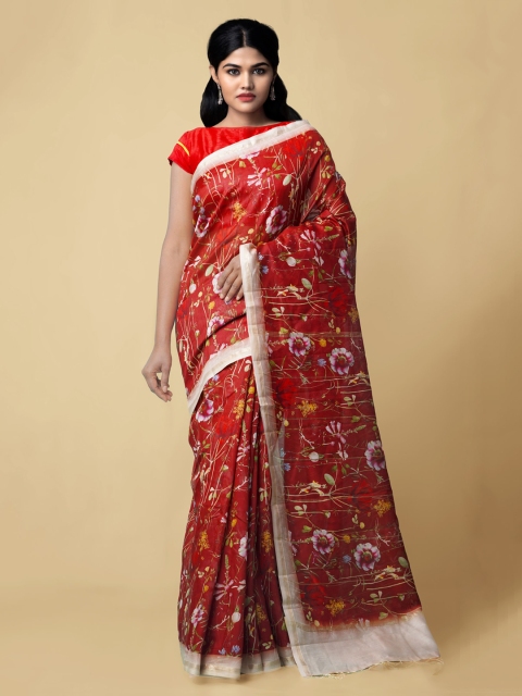 

Unnati Silks Red Silk Cotton Printed Chanderi Saree