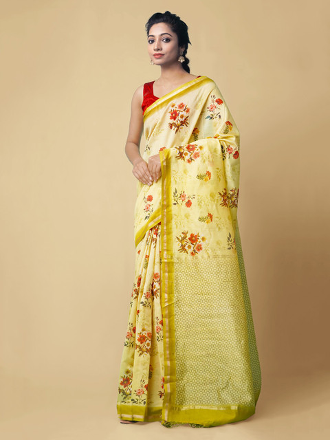 

Unnati Silks Yellow Silk Cotton Printed Chanderi Saree