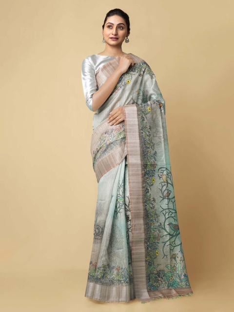 

Unnati Silks Green & Pink Silk Cotton Printed Chanderi Handloom Saree