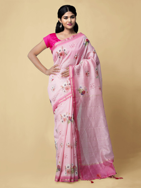

Unnati Silks Pink Silk Cotton Floral Printed Chanderi Saree