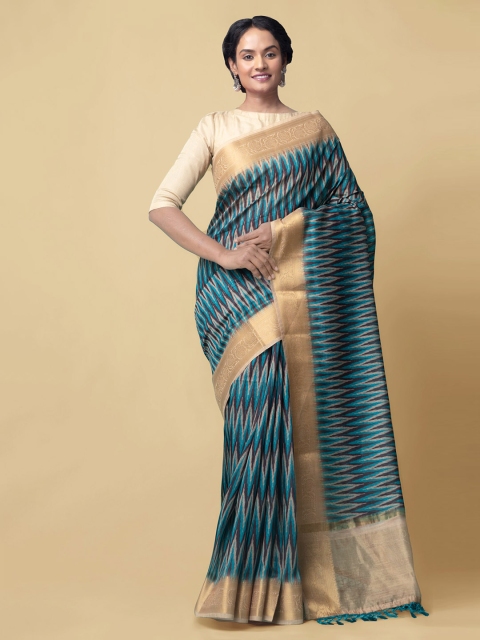 

Unnati Silks Blue & Gold-Toned Silk Cotton Striped Kalamkari Chanderi Saree