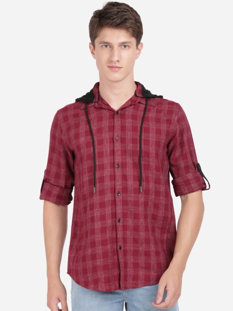 

IVOC Men Maroon & Off-White Checked Casual Hooded Shirt