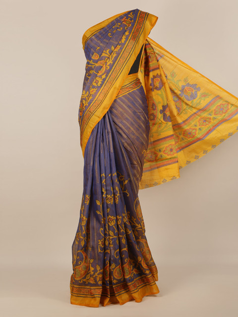 

Pothys Navy Blue & Yellow Jute Silk Printed Saree