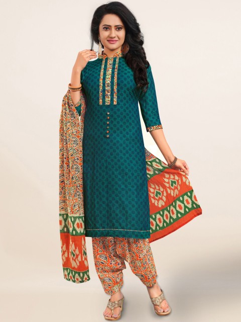 

Pothys Teal Green & Brown Cotton Blend Unstitched Dress Material
