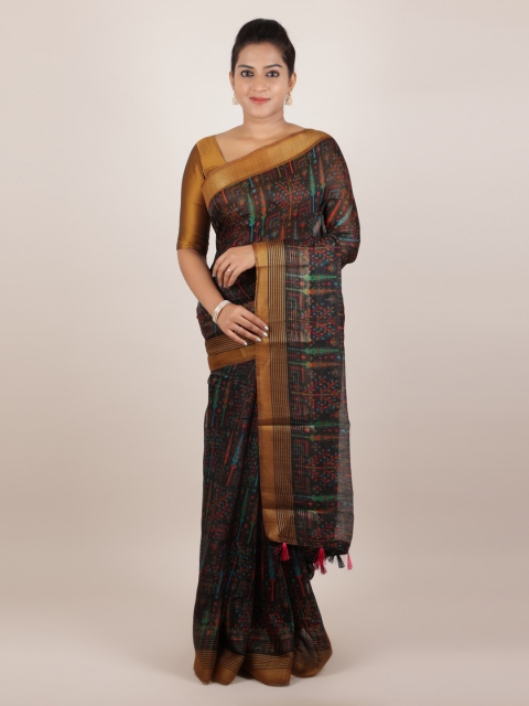 Pothys Black Printed Jute Silk Saree