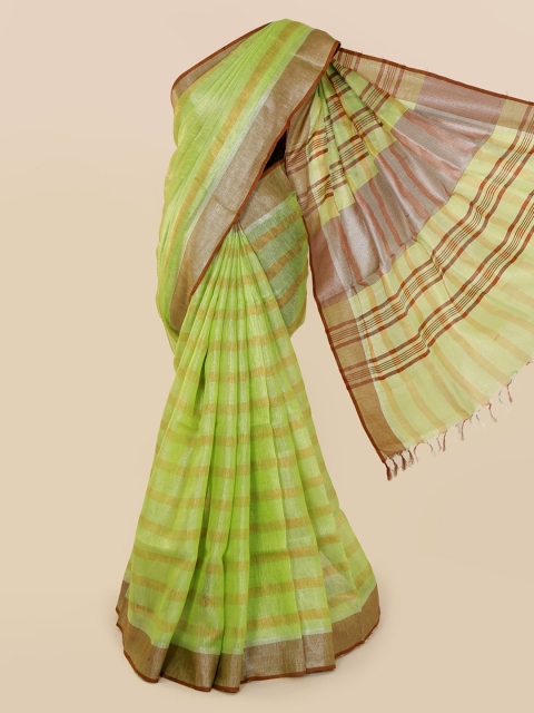 

Pothys Green & Maroon Linen Blend Striped Saree With Tasseled Pallu