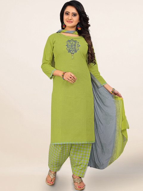 

Pothys Green & Grey Cotton Blend Unstitched Dress Material