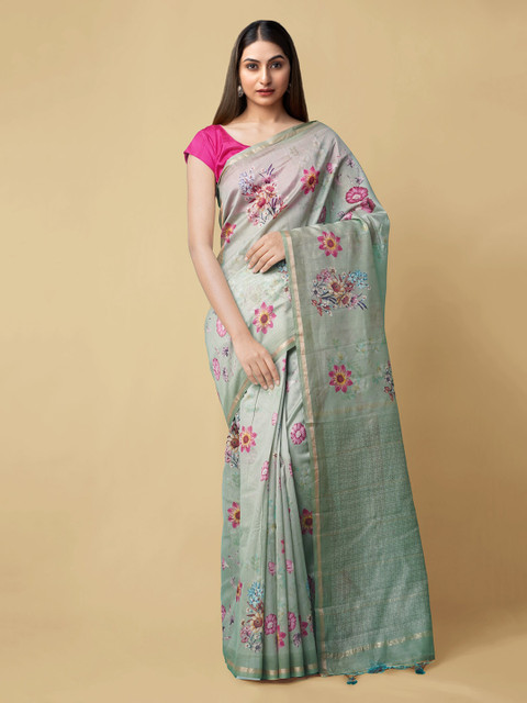 

Unnati Silks Green Silk Cotton Printed Chanderi Saree