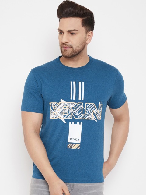

98 Degree North Men Blue & White Printed Round Neck T-shirt
