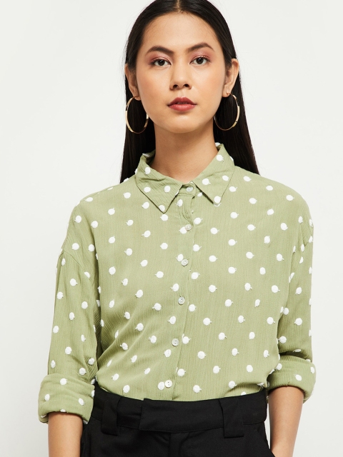 

max Women Green & Off-White Polka Dot Printed Casual Shirt