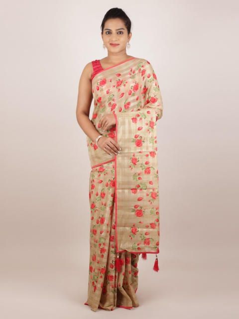 

Pothys Cream-Coloured & Green Jute Silk Printed Saree