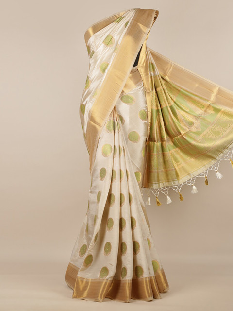 

Pothys Cream-Coloured & Gold-Toned Jute Silk Woven Design Saree