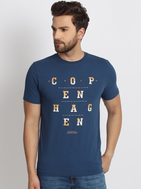 

98 Degree North Men Navy Blue & White Printed Round Neck T-shirt