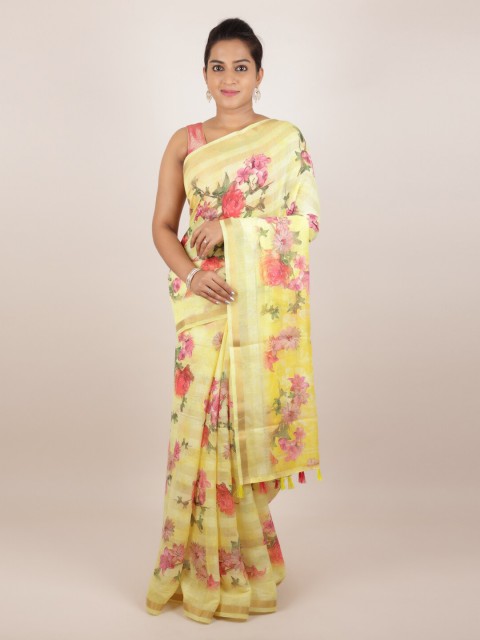 

Pothys Yellow Printed Jute Silk Saree