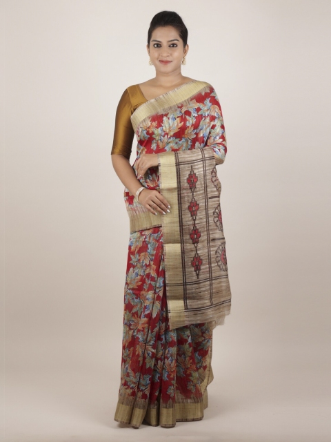 

Pothys Red Printed Jute Silk Saree