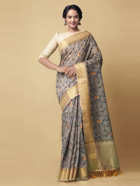

Unnati Silks Grey Silk Cotton Kalamkari Printed Chanderi Saree