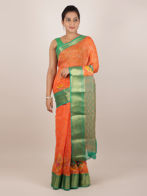 

Pothys Orange & Green Jute Silk Printed Saree