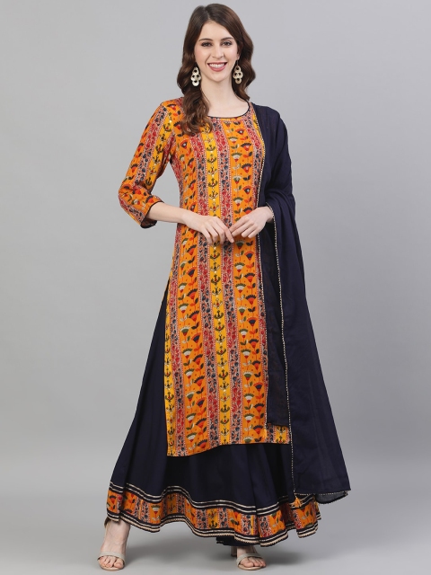 

Ishin Women Mustard Yellow & Black Printed Kurta with Sharara & Dupatta