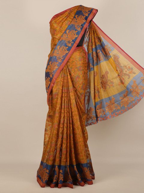 

Pothys Mustard Yellow Printed Jute Silk Saree
