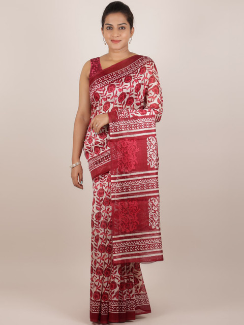 

Pothys Red & White Jute Silk Printed Saree