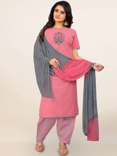 

Pothys Pink & Grey Cotton Blend Unstitched Dress Material