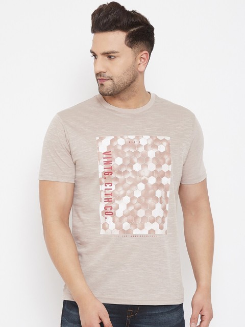 

98 Degree North Men Beige & White Printed Round Neck T-shirt