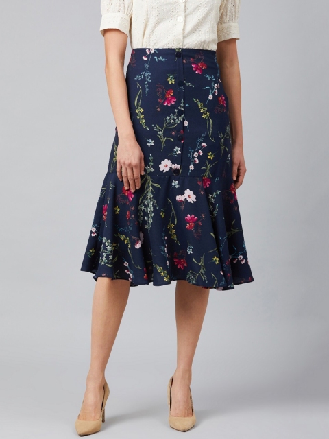 

Marie Claire Women Navy Blue & Pink Floral Printed A-Line Midi Skirt
