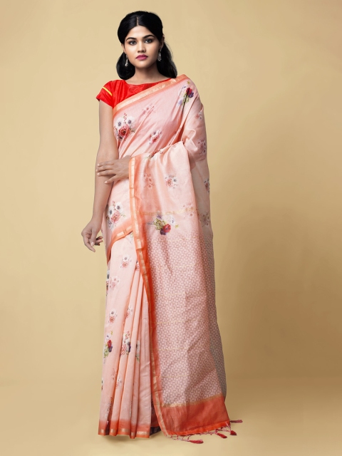 

Unnati Silks Peach-Coloured & White Silk Cotton Printed Chanderi Saree