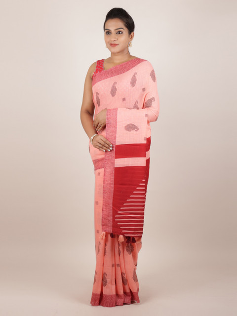 

Pothys Peach-Coloured & Red Linen Blend Printed Saree With Tasseled Pallu