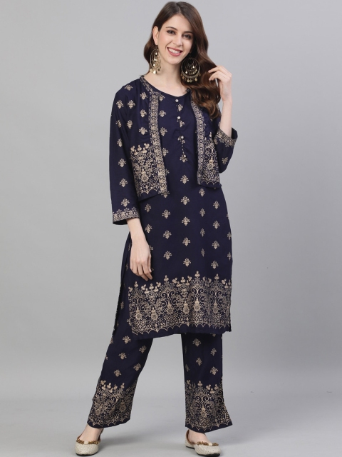 

Ishin Women Navy Blue Printed Kurta with Trousers & Jacket