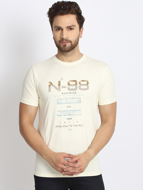 

98 Degree North Men Off-White & Blue Printed Round Neck T-shirt