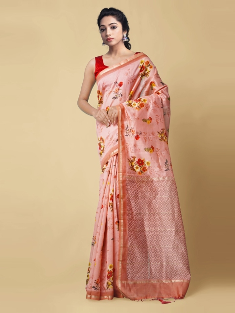 

Unnati Silks Peach-Coloured Silk Cotton Printed Handloom Chanderi Saree