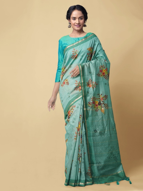 

Unnati Silks Green Silk Cotton Printed Chanderi Saree