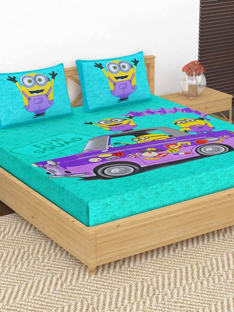 

METRO LIVING Turquoise Blue & Purple Cartoon Characters 104 TC Cotton 1 Queen Bedsheet with 2 Pillow Covers