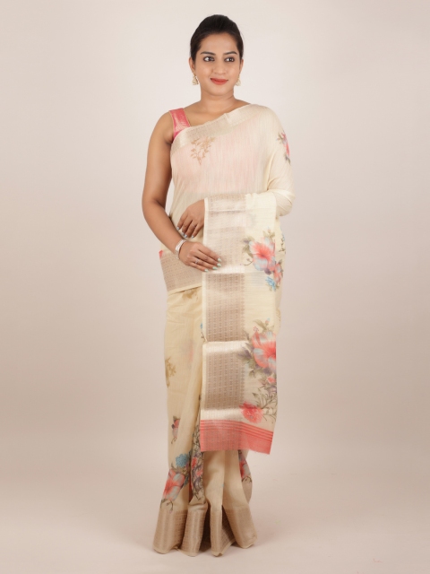

Pothys Cream-Coloured Printed Jute Silk Saree