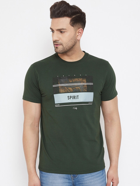 

98 Degree North Men Olive Green & Black Printed Round Neck T-shirt