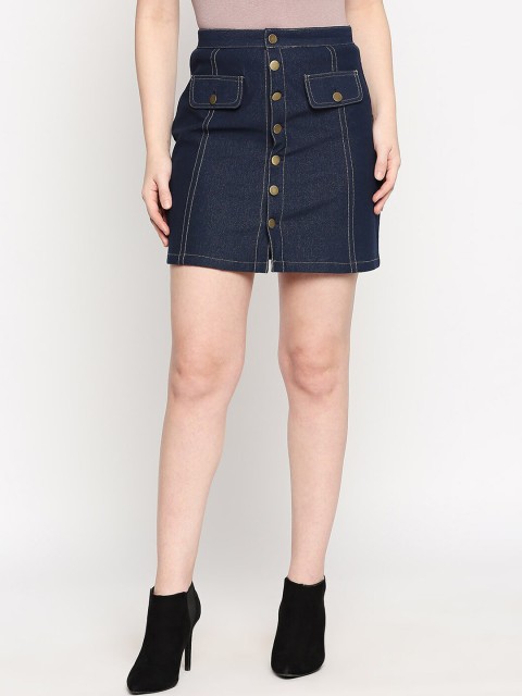 

inocenCia Women Navy Blue Solid Denim Straight Mini Skirt