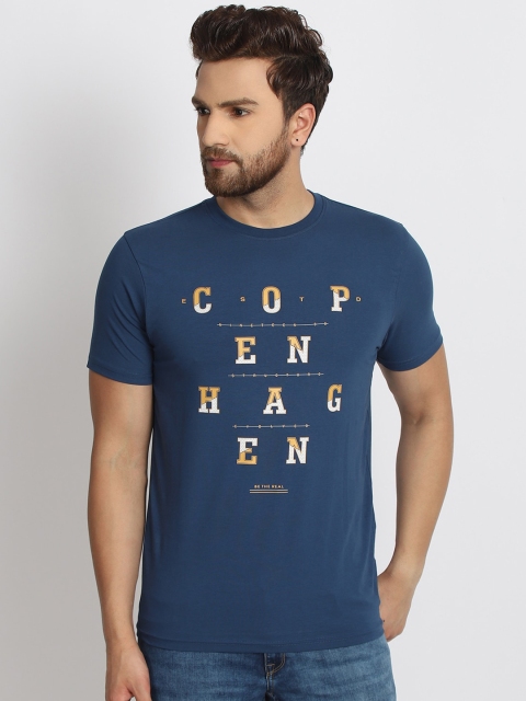 

98 Degree North Men Blue & White Printed Round Neck T-shirt